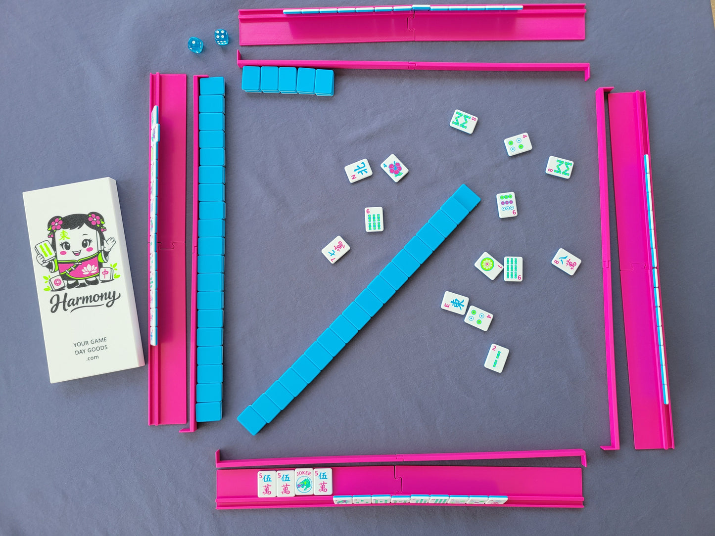 3d printed mah jongg tiles Red green black magenta lime cyan neon green high resolution multicolor smooth face floating lightweight  with racks and pushers portable custom box harmony