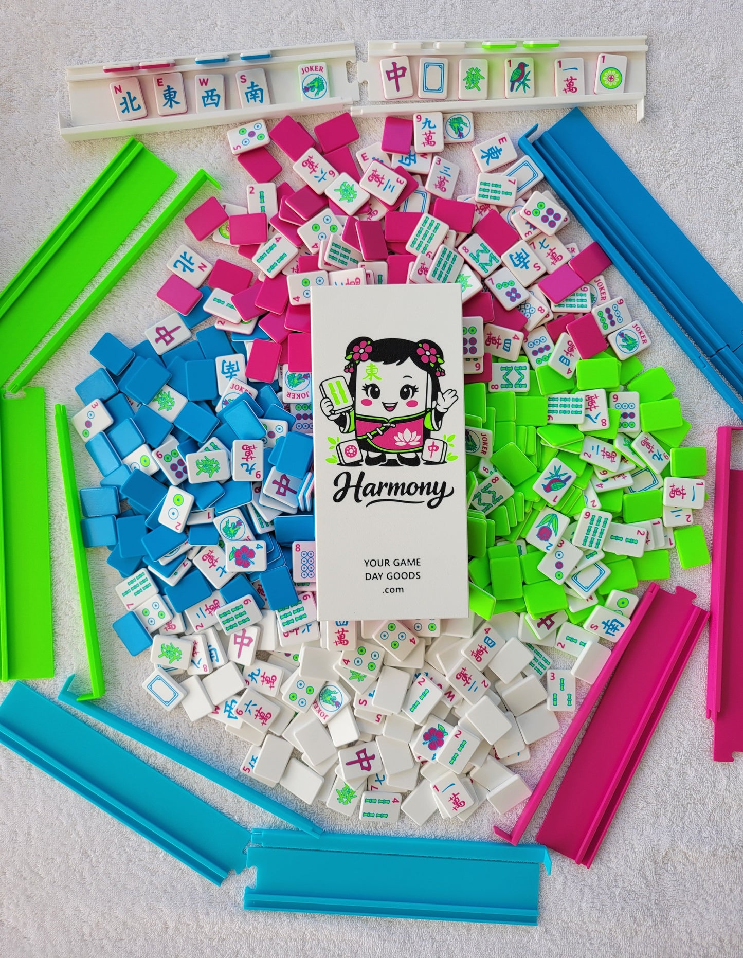 3d printed mah jongg tiles magenta lime cyan high resolution multicolor smooth face floating lightweight  with racks and pushers