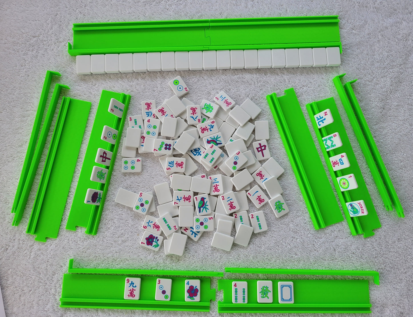 3d printed mah jongg tiles magenta lime cyan high resolution multicolor smooth face floating lightweight  with racks and pushers