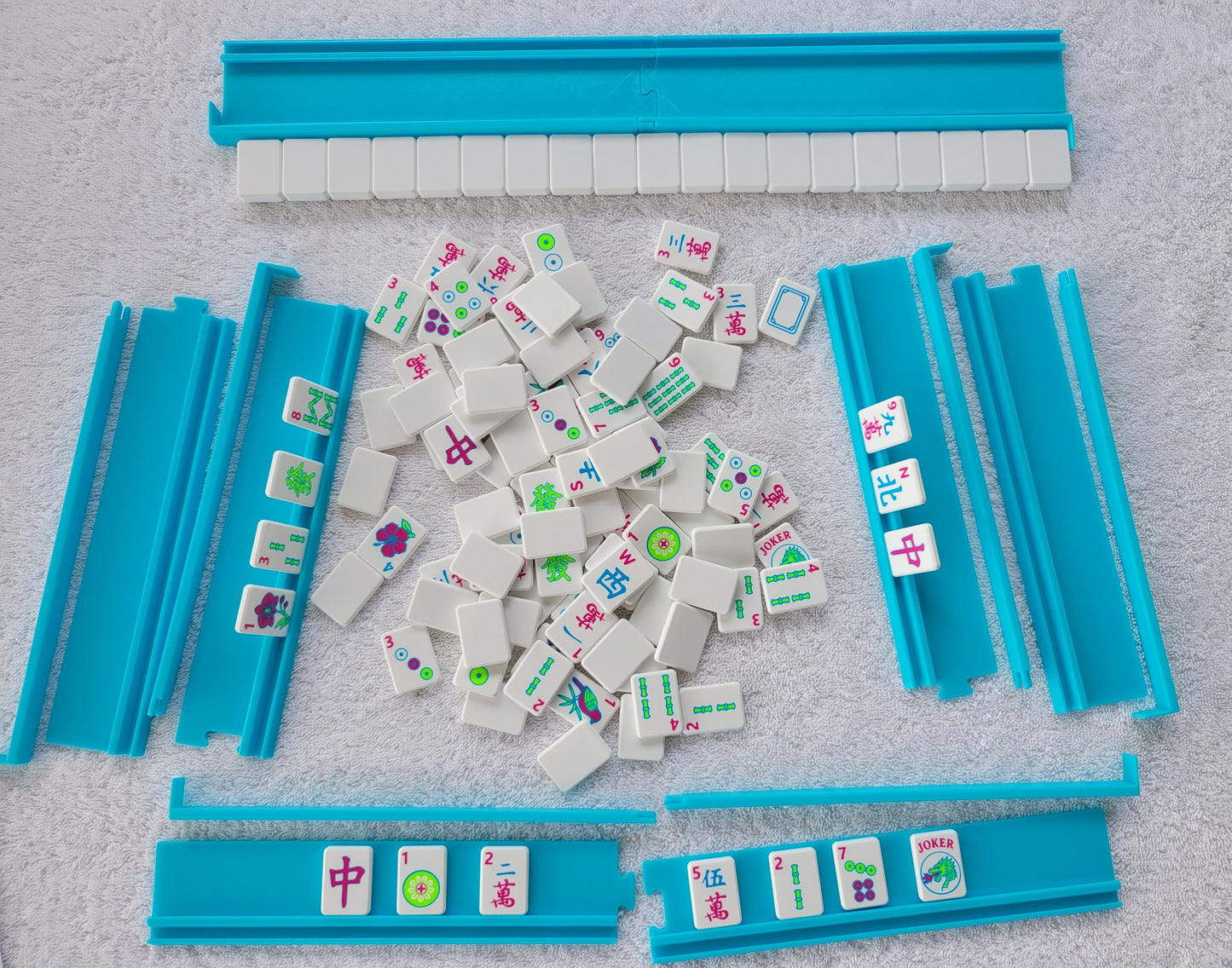 3d printed mah jongg tiles magenta lime cyan high resolution multicolor smooth face floating lightweight  with racks and pushers