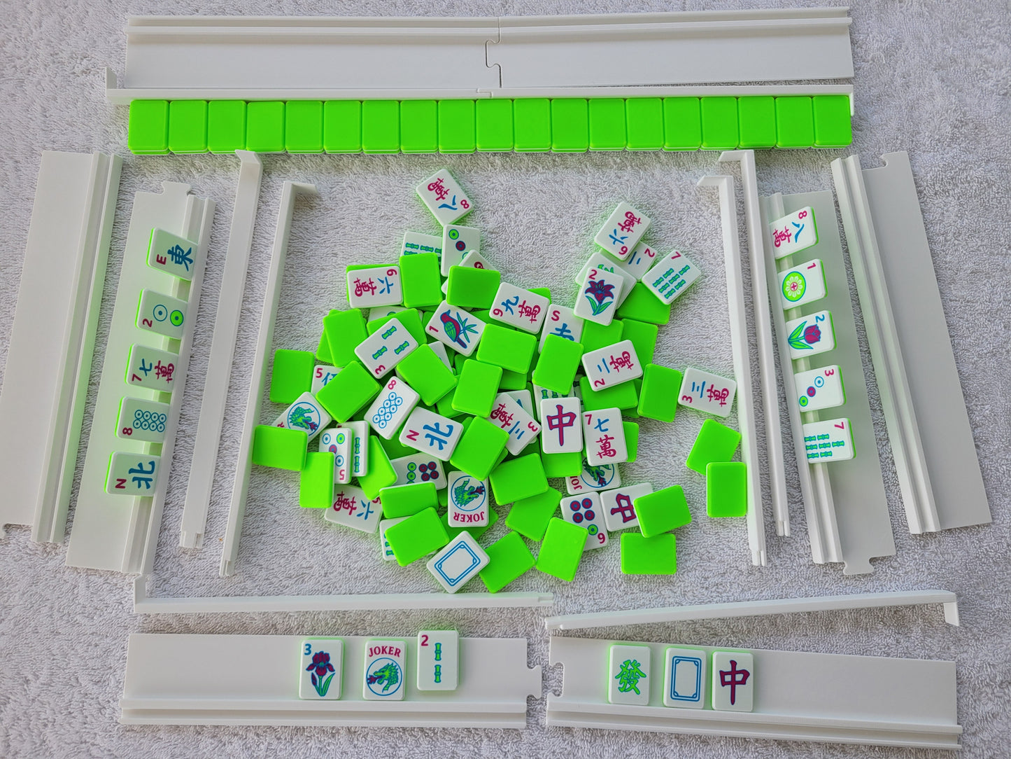 3d printed mah jongg tiles Red green black magenta lime cyan neon green high resolution multicolor smooth face floating lightweight  with racks and pushers portable custom box harmony