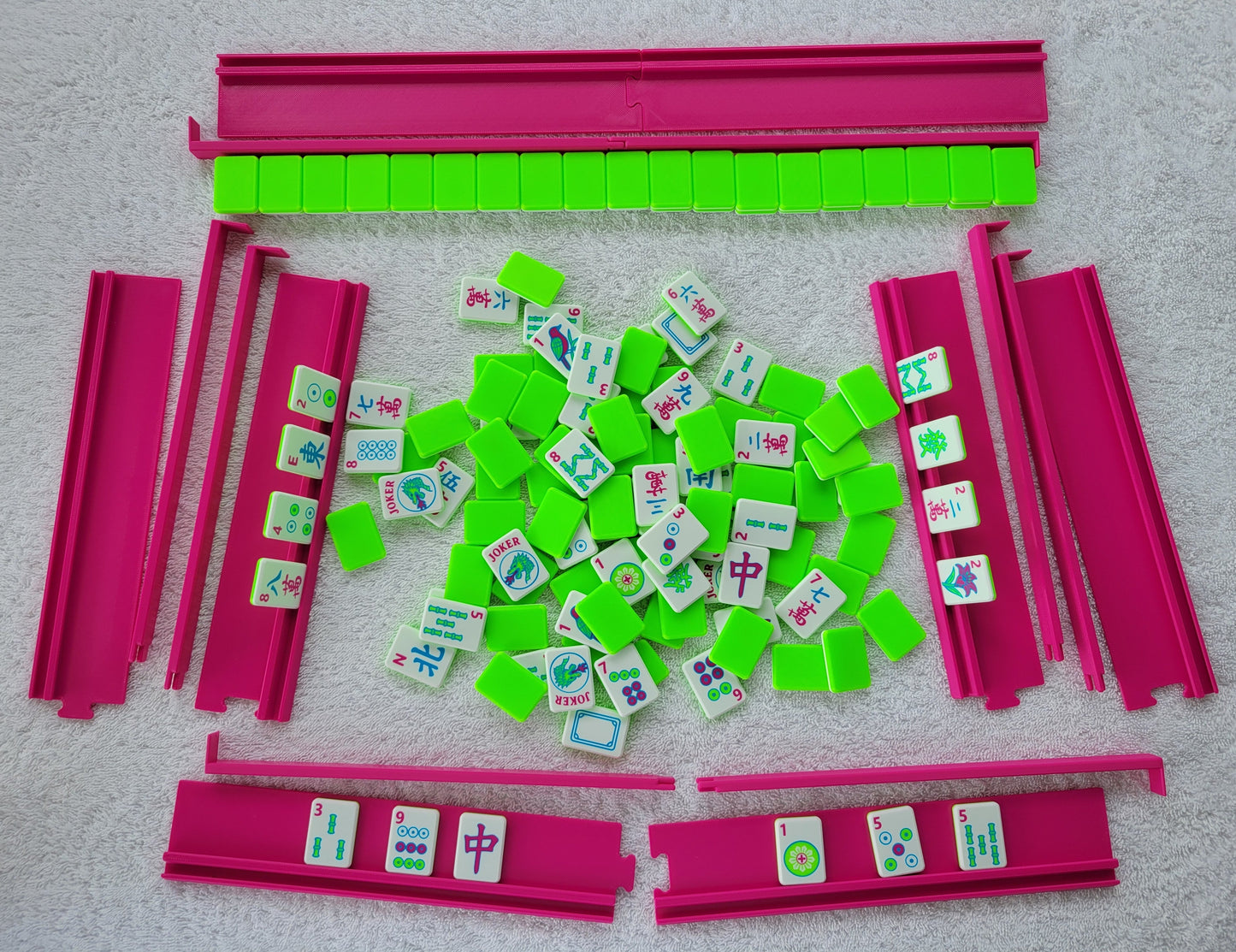 3d printed mah jongg tiles Red green black magenta lime cyan neon green high resolution multicolor smooth face floating lightweight  with racks and pushers portable custom box harmony