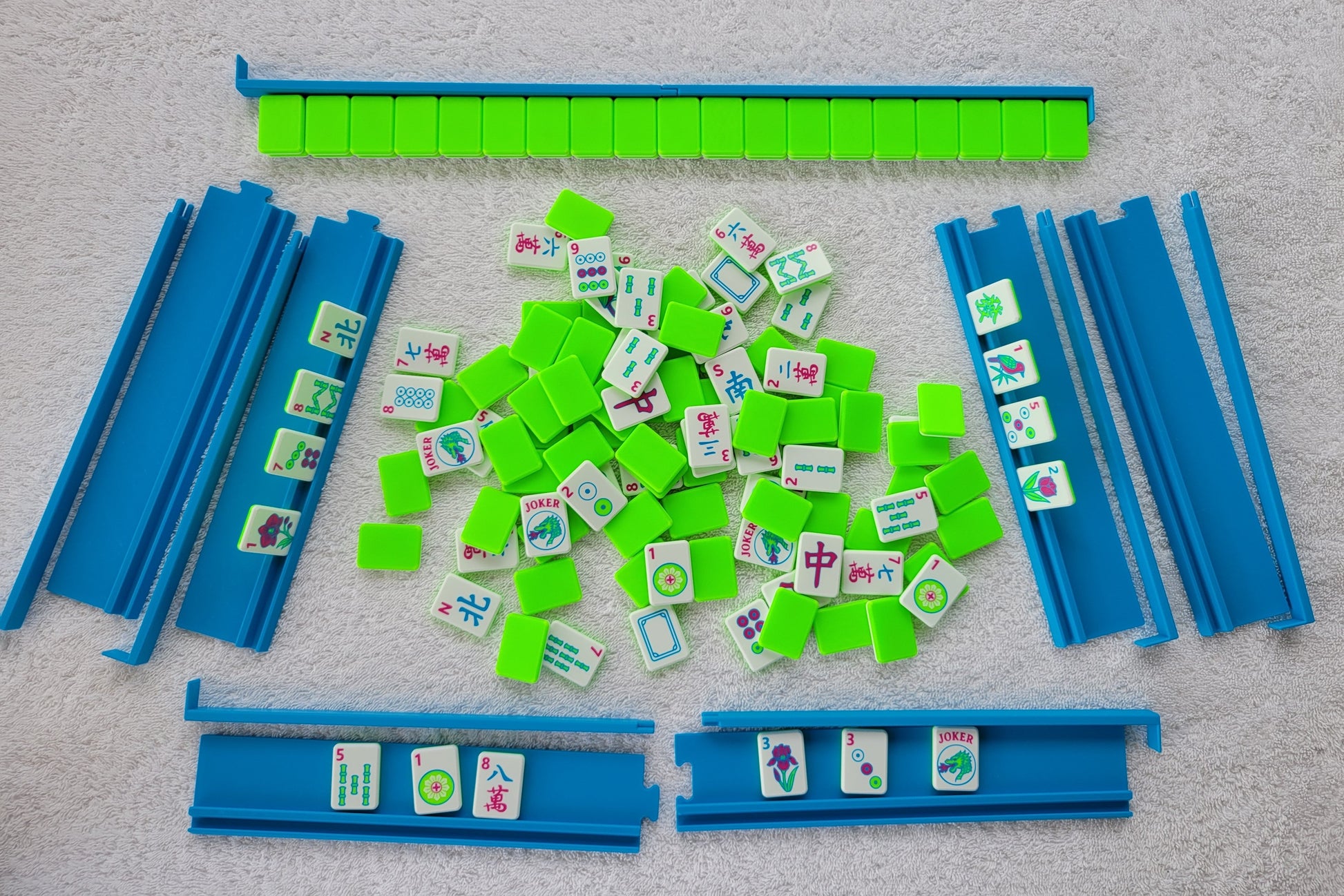3d printed mah jongg tiles Red green black magenta lime cyan neon green high resolution multicolor smooth face floating lightweight  with racks and pushers portable custom box harmony