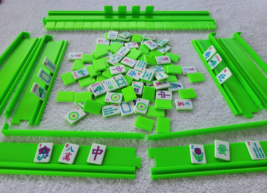 3d printed mah jongg tiles Red green black magenta lime cyan neon green high resolution multicolor smooth face floating lightweight  with racks and pushers portable custom box harmony
