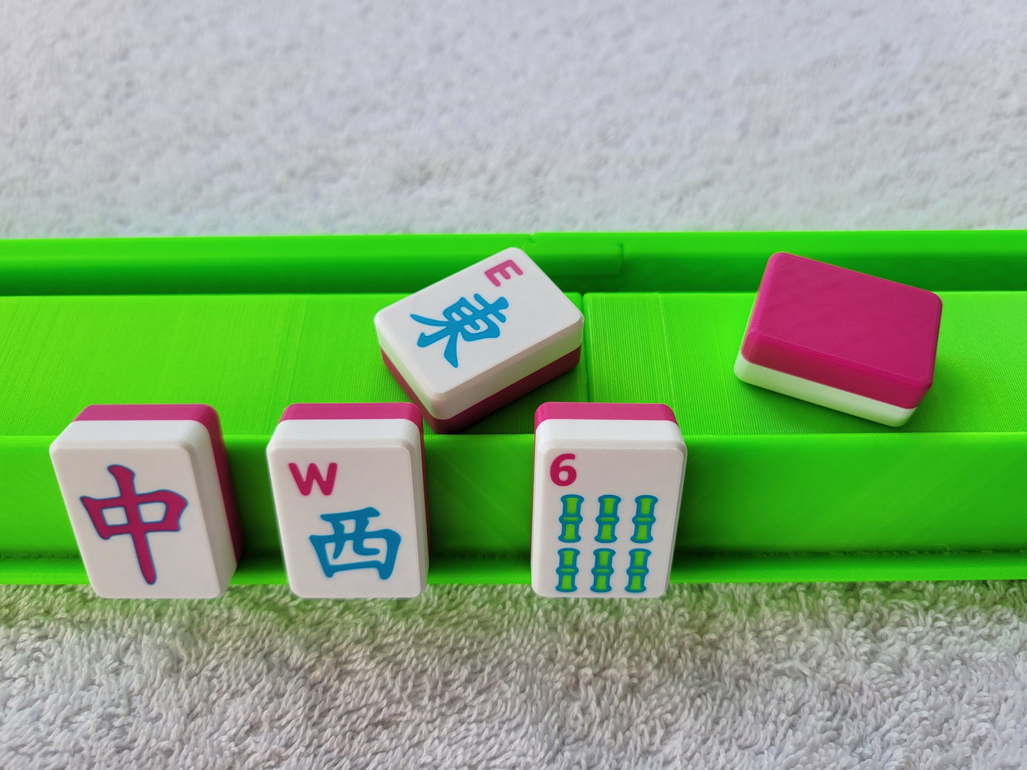 3d printed mah jongg tiles Red green black magenta lime cyan neon green high resolution multicolor smooth face floating lightweight  with racks and pushers portable custom bag  harmony