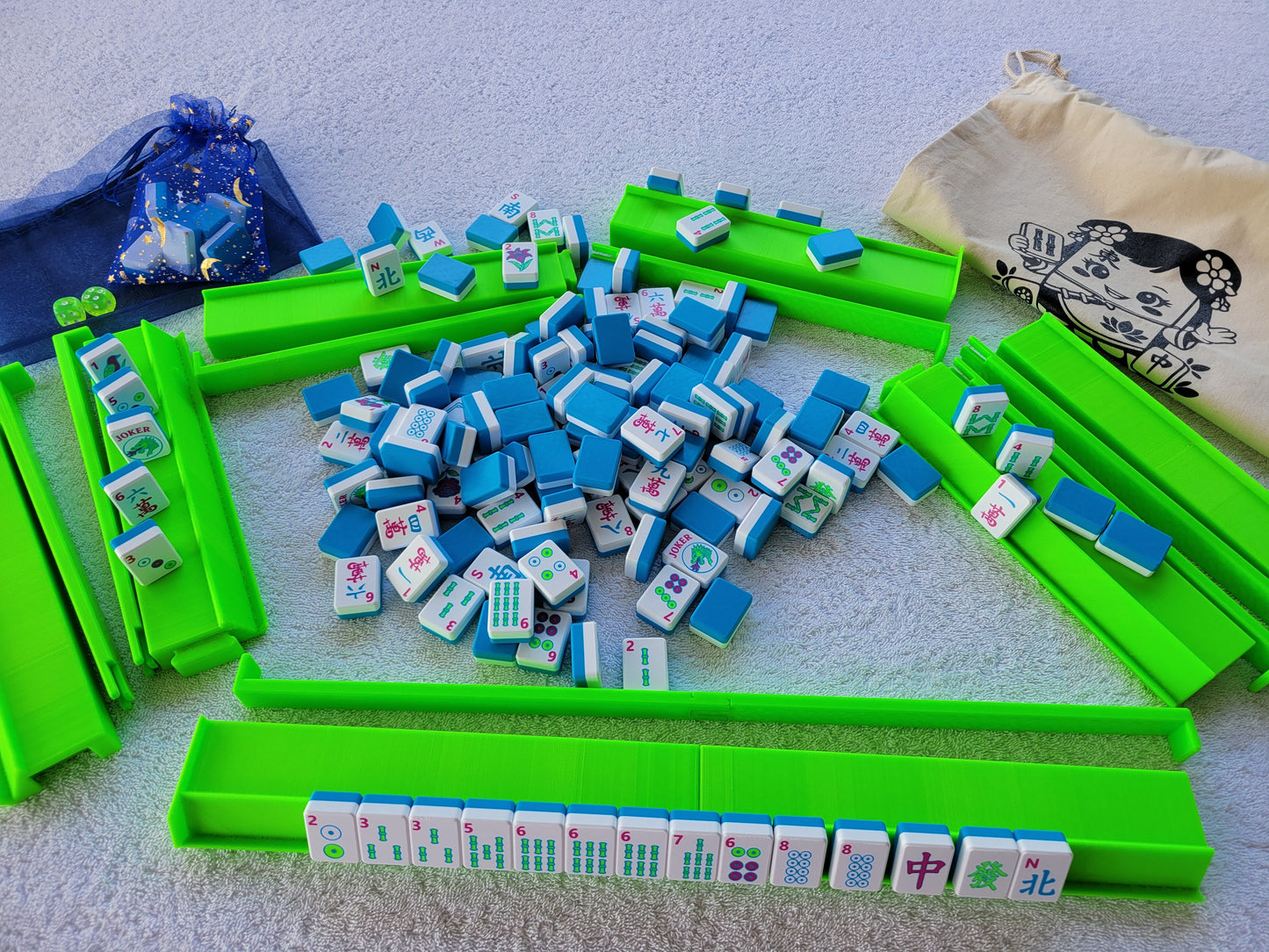 3d printed mah jongg tiles Red green black magenta lime cyan neon green high resolution multicolor smooth face floating lightweight  with racks and pushers portable custom bag  harmony
