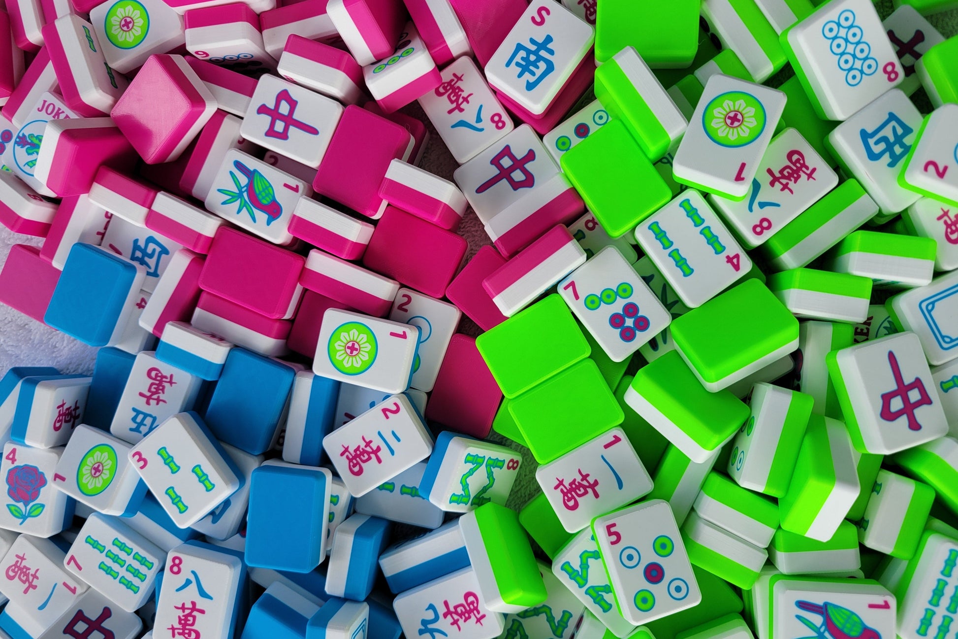 3d printed mah jongg tiles magenta lime cyan high resolution multicolor smooth face floating lightweight