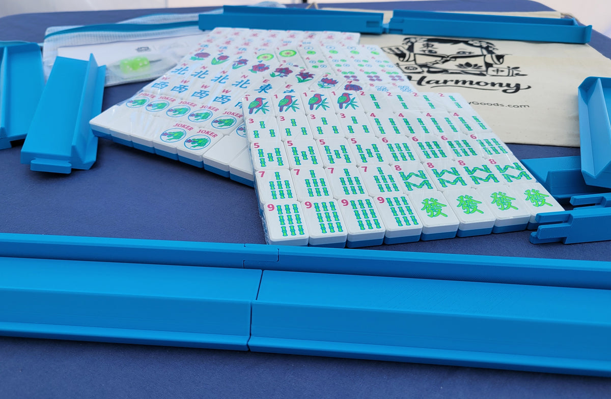 Harmony 3D Printed Full Size Mah Jongg Travel Set - Thin Racks - Cyan Tiles