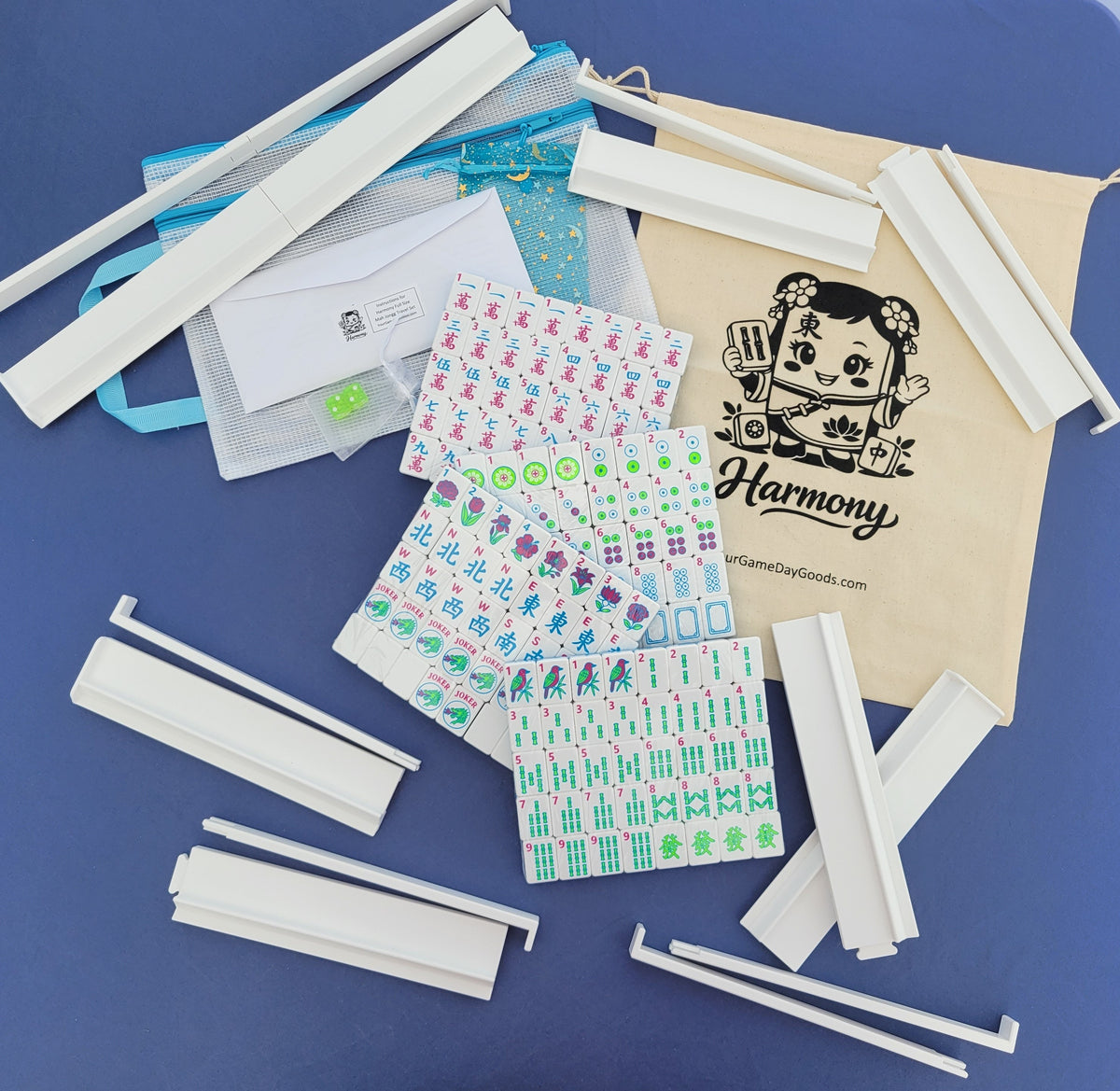 Harmony 3D Printed Full Size Mah Jongg Travel Set - Thin Racks - Cyan Tiles