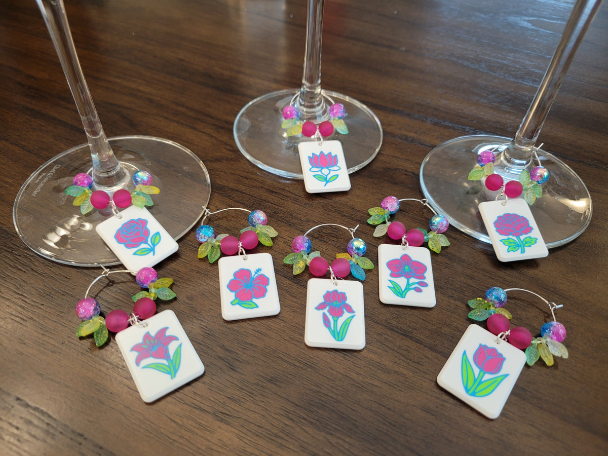 Mah Jongg Tile Wine Charms - Flowers 1
