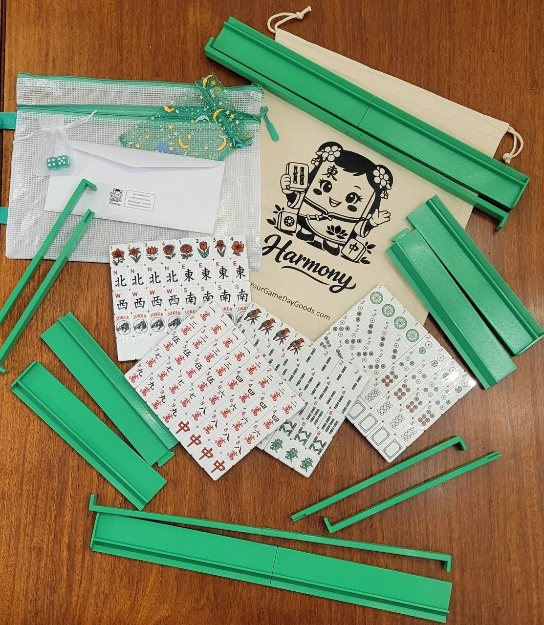 Harmony 3D Printed Full Size Mah Jongg Travel Set - Thin Racks - Green Tiles