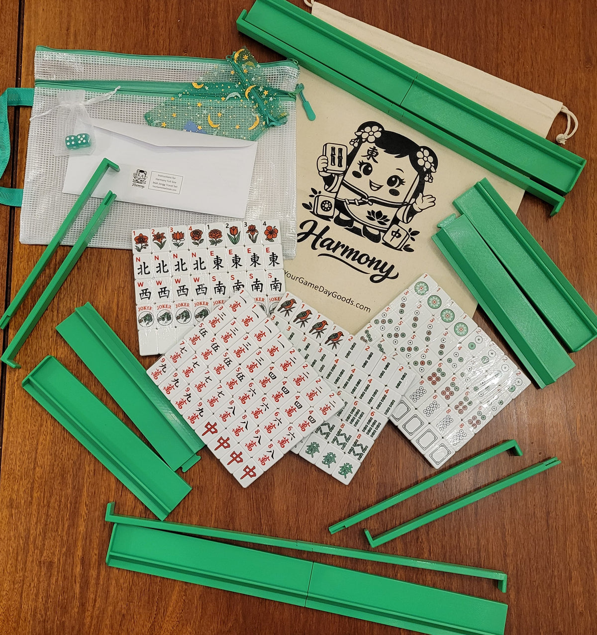 Harmony 3D Printed Full Size Mah Jongg Travel Set - Thin Racks - Green Tiles