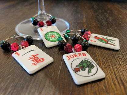Mah Jongg Tile Wine Charms - Ones + Joker