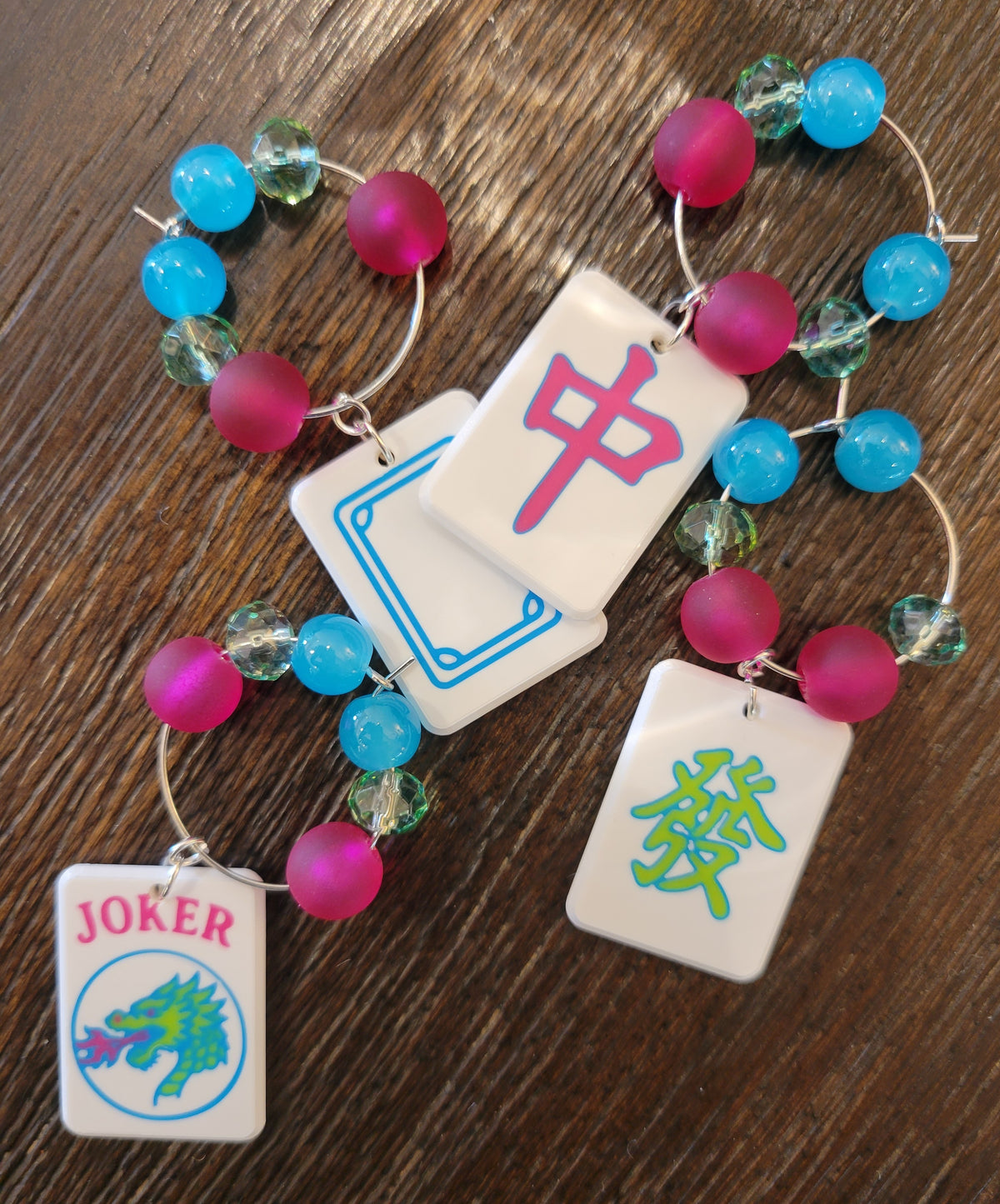 Mah Jongg Tile Wine Charms - Dragons + Joker