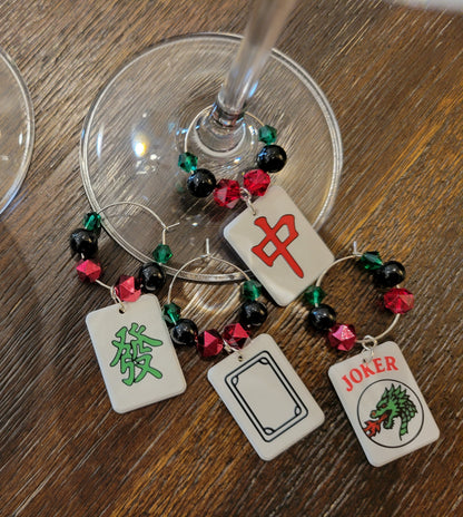 Mah Jongg Tile Wine Charms - Dragons + Joker