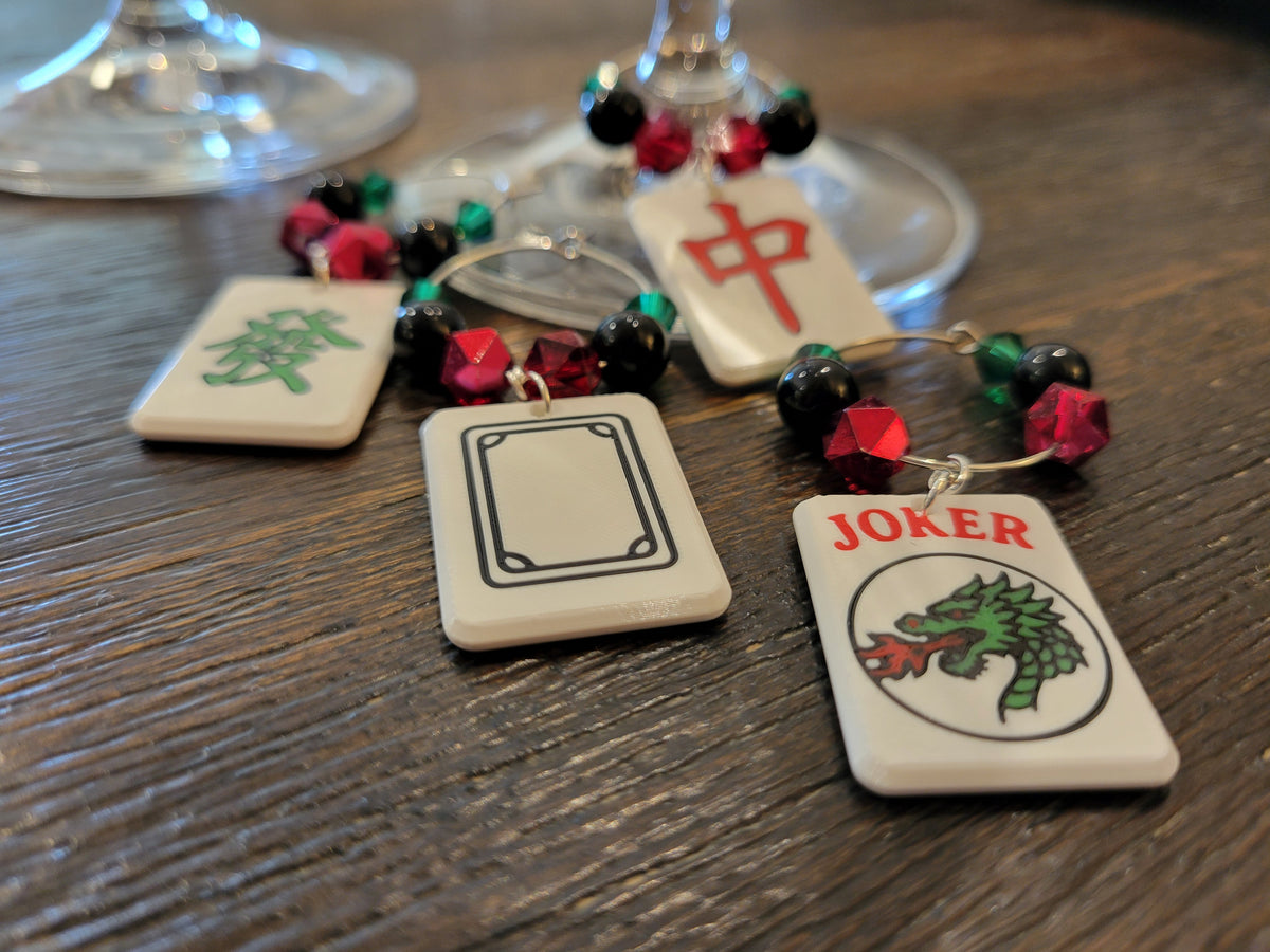 Mah Jongg Tile Wine Charms - Dragons + Joker