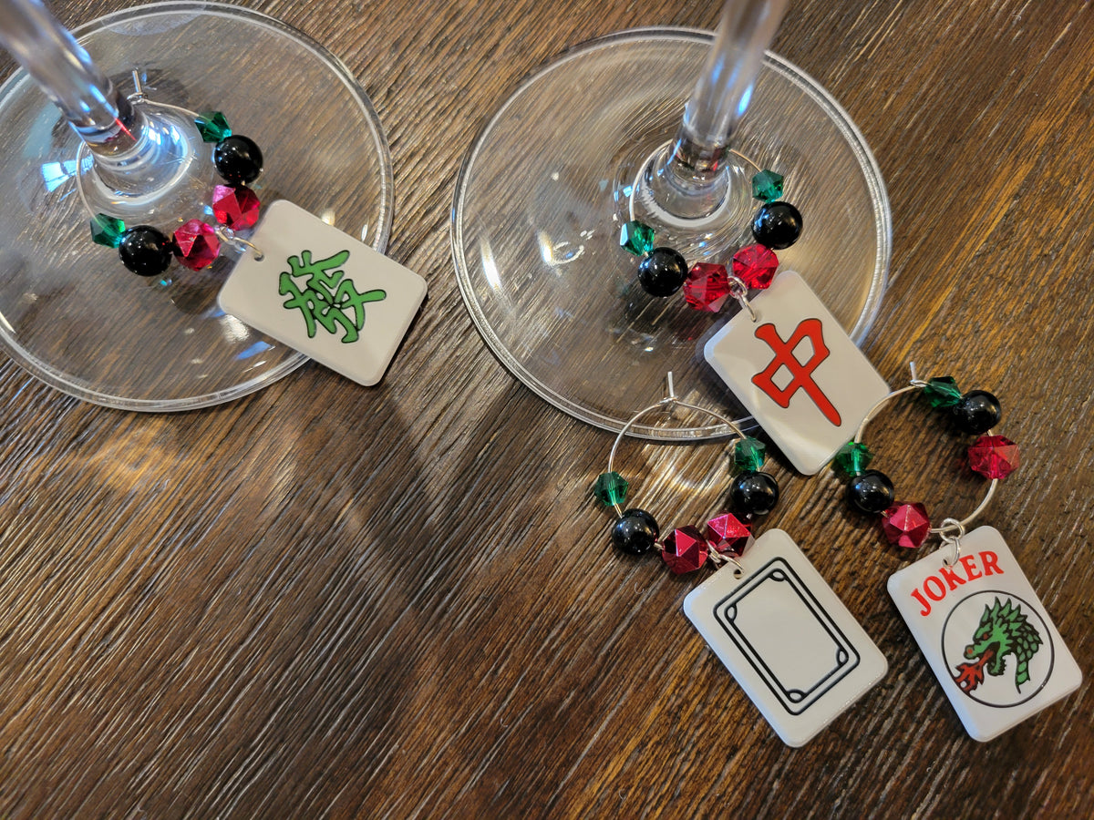 Mah Jongg Tile Wine Charms - Dragons + Joker