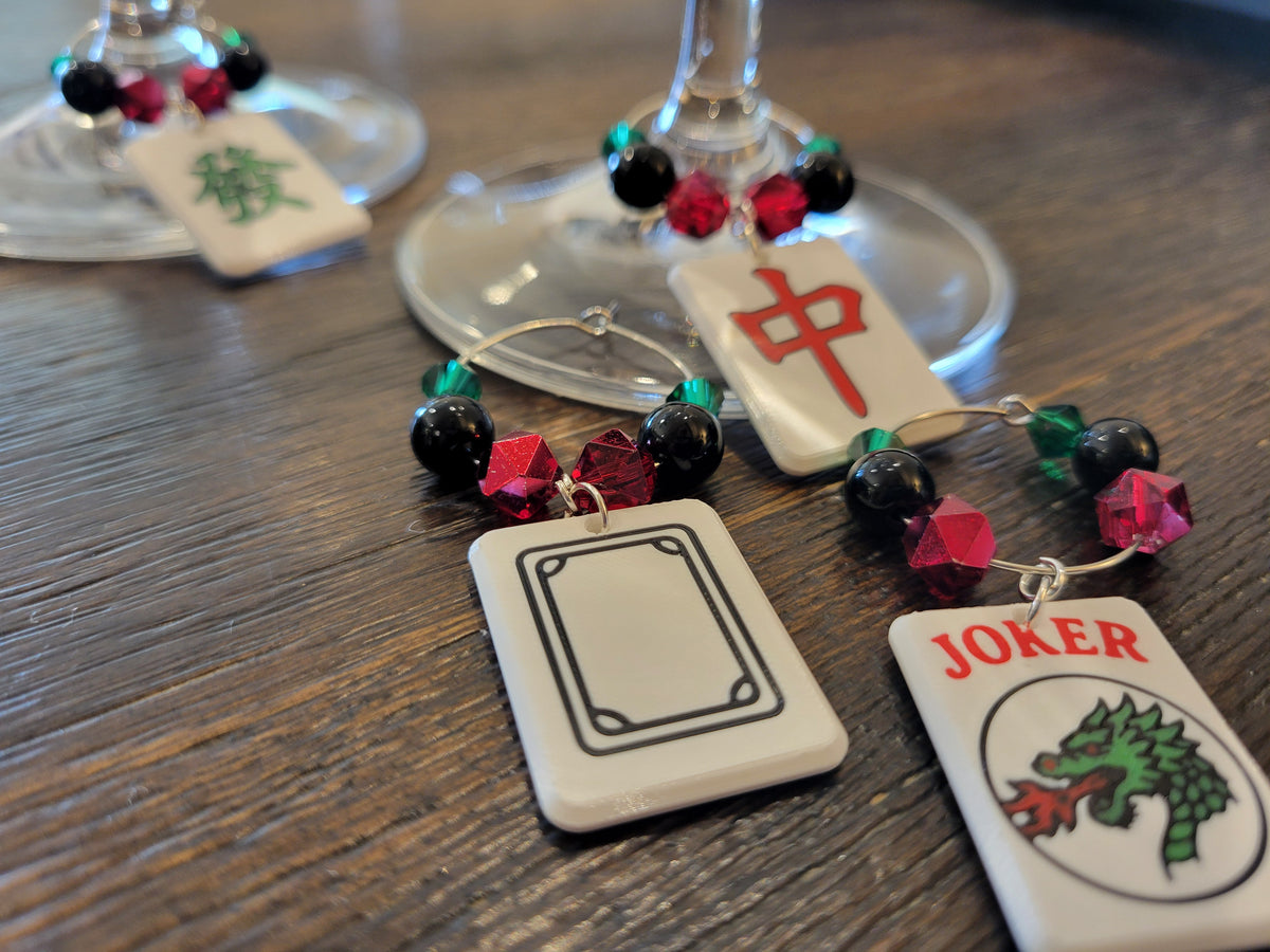Mah Jongg Tile Wine Charms - Dragons + Joker