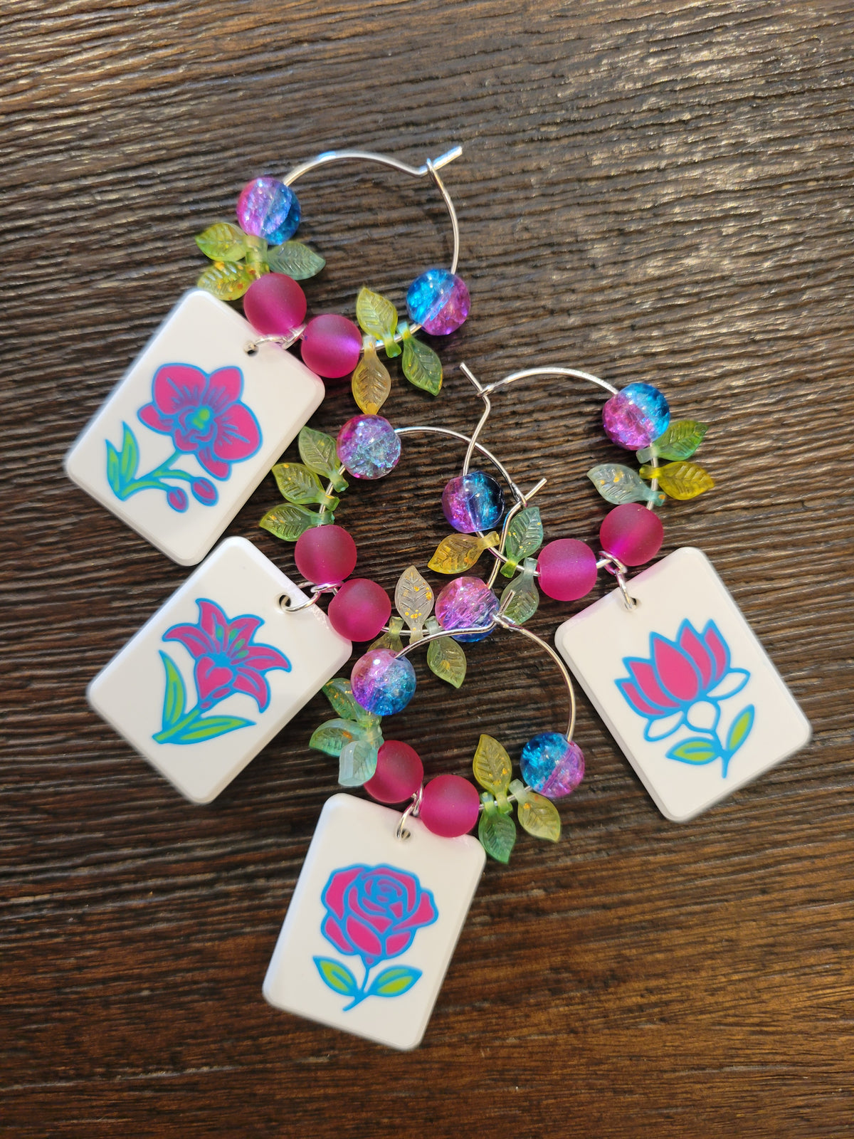 Mah Jongg Tile Wine Charms - Flowers 1