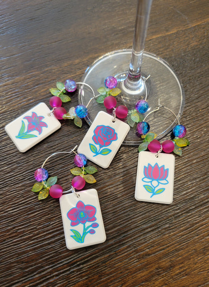 Mah Jongg Tile Wine Charms - Flowers 1