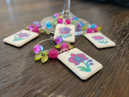 Mah Jongg Tile Wine Charms - Flowers 1
