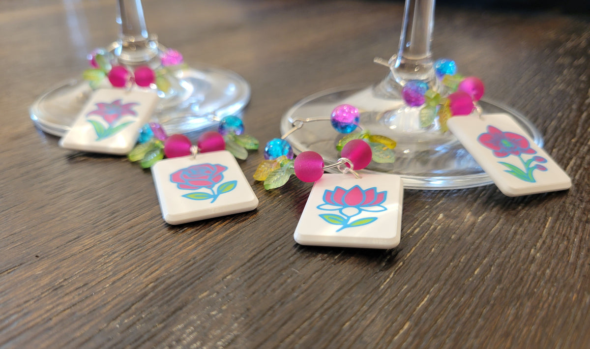 Mah Jongg Tile Wine Charms - Flowers 1