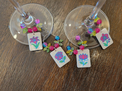 Mah Jongg Tile Wine Charms - Flowers 1