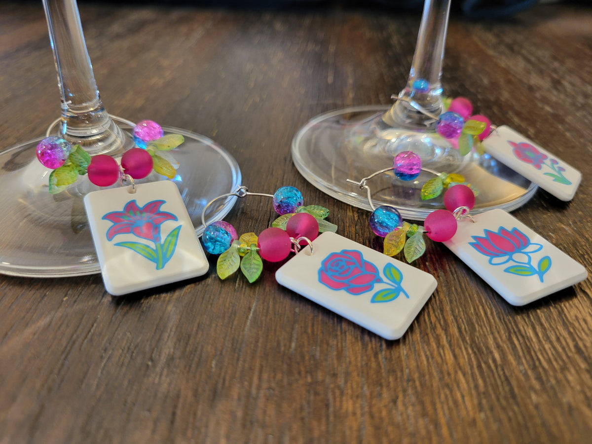 Mah Jongg Tile Wine Charms - Flowers 1