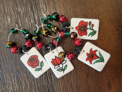 Mah Jongg Tile Wine Charms - Flowers 1
