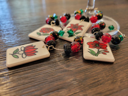 Mah Jongg Tile Wine Charms - Flowers 1