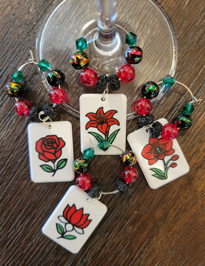 Mah Jongg Tile Wine Charms - Flowers 1