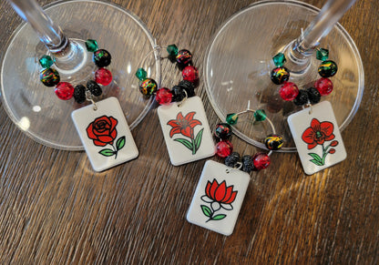 Mah Jongg Tile Wine Charms - Flowers 1