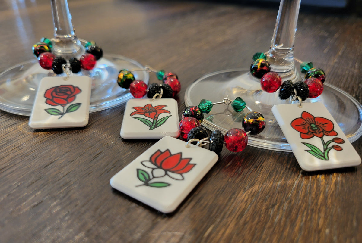 Mah Jongg Tile Wine Charms - Flowers 1