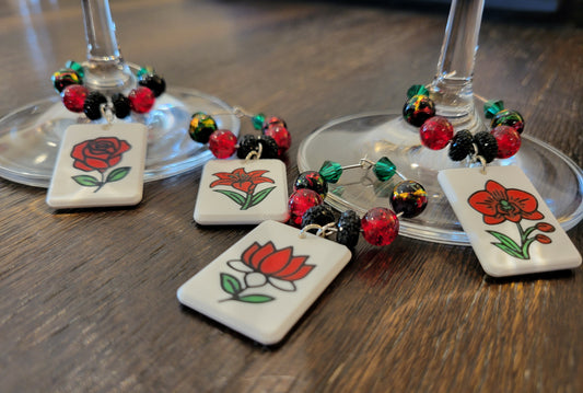 Mah Jongg Tile Wine Charms - Flowers 1