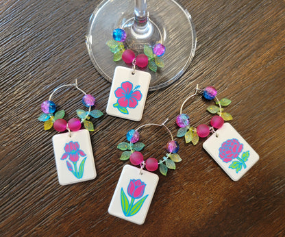 Mah Jongg Tile Wine Charms - Flowers 2