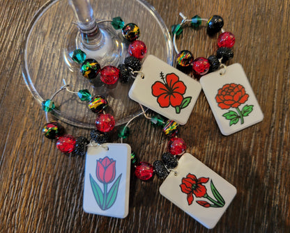 Mah Jongg Tile Wine Charms - Flowers 2