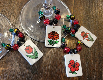 Mah Jongg Tile Wine Charms - Flowers 2